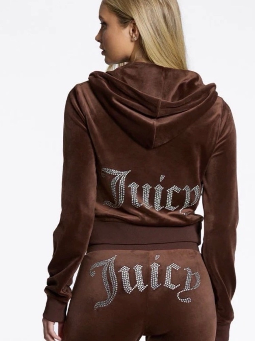 Juicy Couture Brown Velour Cropped Hoodie & track pants  “Juicy” Back Logo